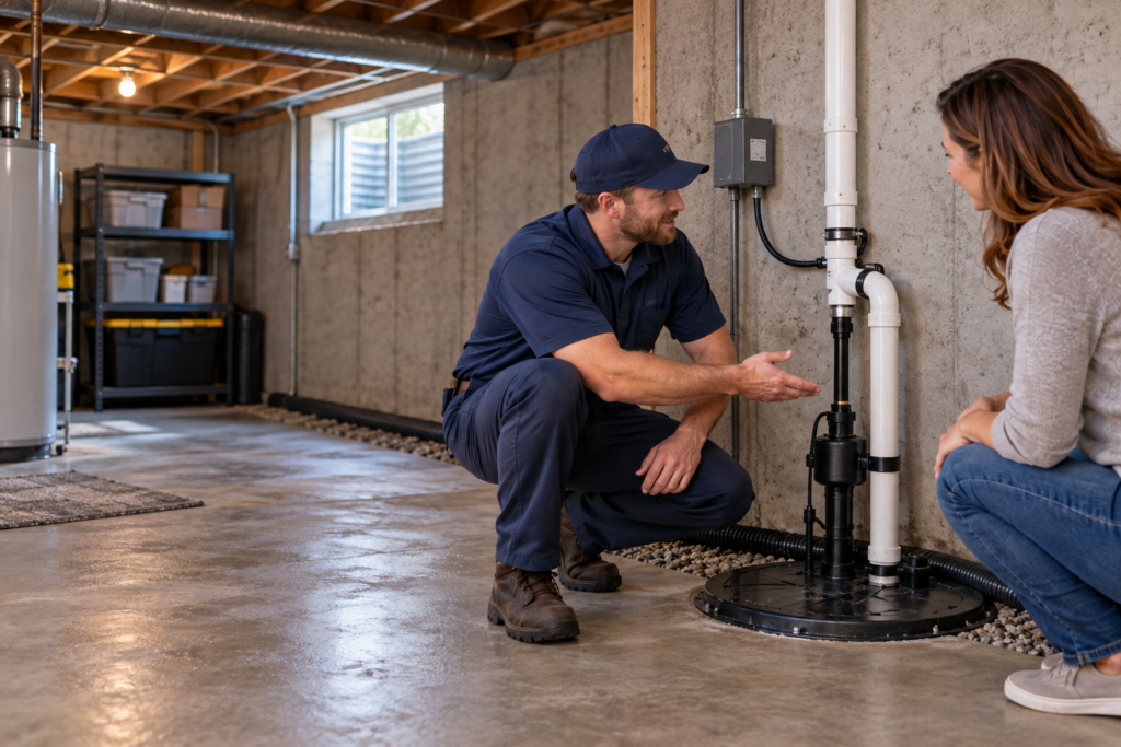 Technician explaining a sump pump system to a homeowner in a clean basement with visible sump pit and discharge pipe