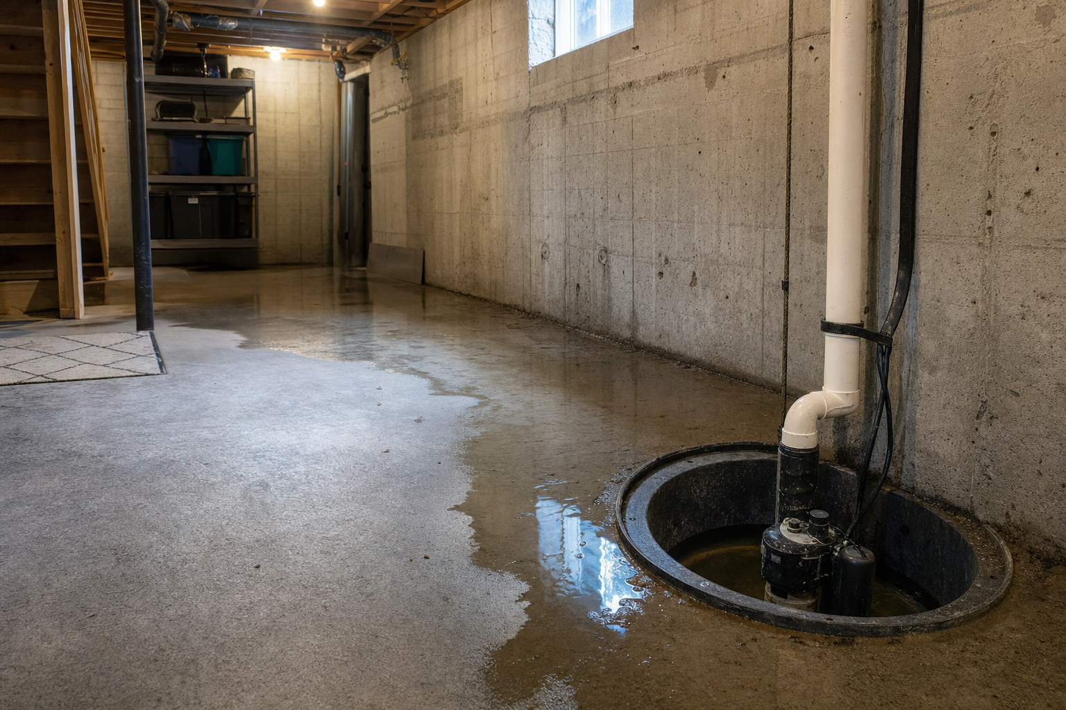 Water pooling near a basement wall close to a sump pit