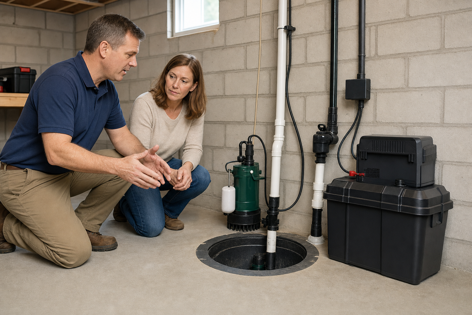 Battery backup sump pump system with battery unit installed next to the primary pump in a sump pit