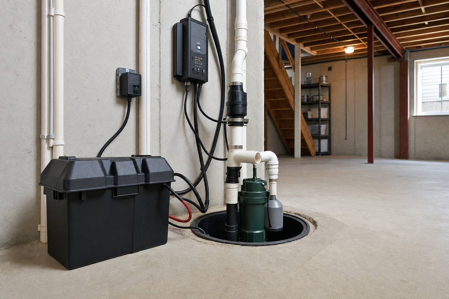 Battery backup sump pump system installed next to the primary pump in a sump pit