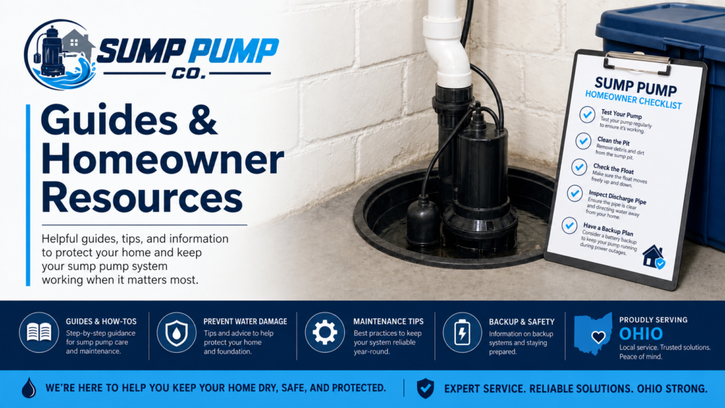 Sump Pump Co guides and homeowner resources banner with sump pump checklist and Ohio sump pump service information