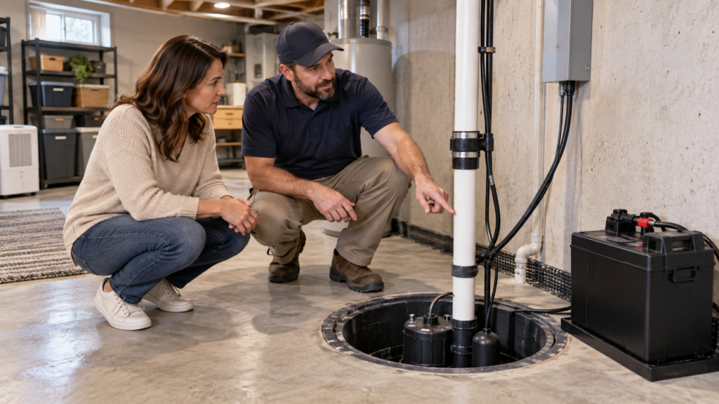 Homeowner and technician reviewing a basement sump pump system with battery backup for Sump Pump Co homeowner guides on repair installation and basement water help