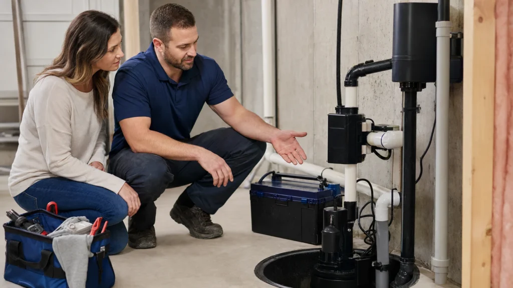Homeowner and technician reviewing a basement sump pump system for repair problems backup systems costs and Ohio homeowner tips