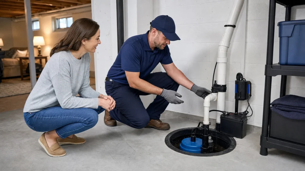 Technician inspecting a basement sump pump system representing Ohio sump pump repair installation and basement water service areas