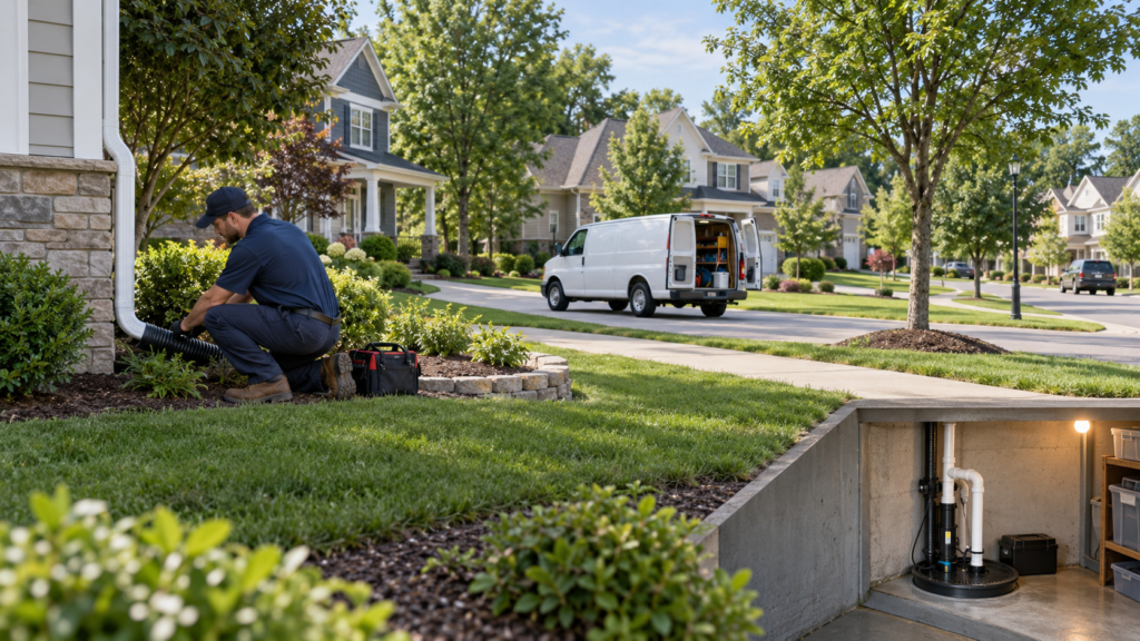 Technician working outside a suburban Ohio home with a service van and visible sump pump system representing Ohio sump pump service areas