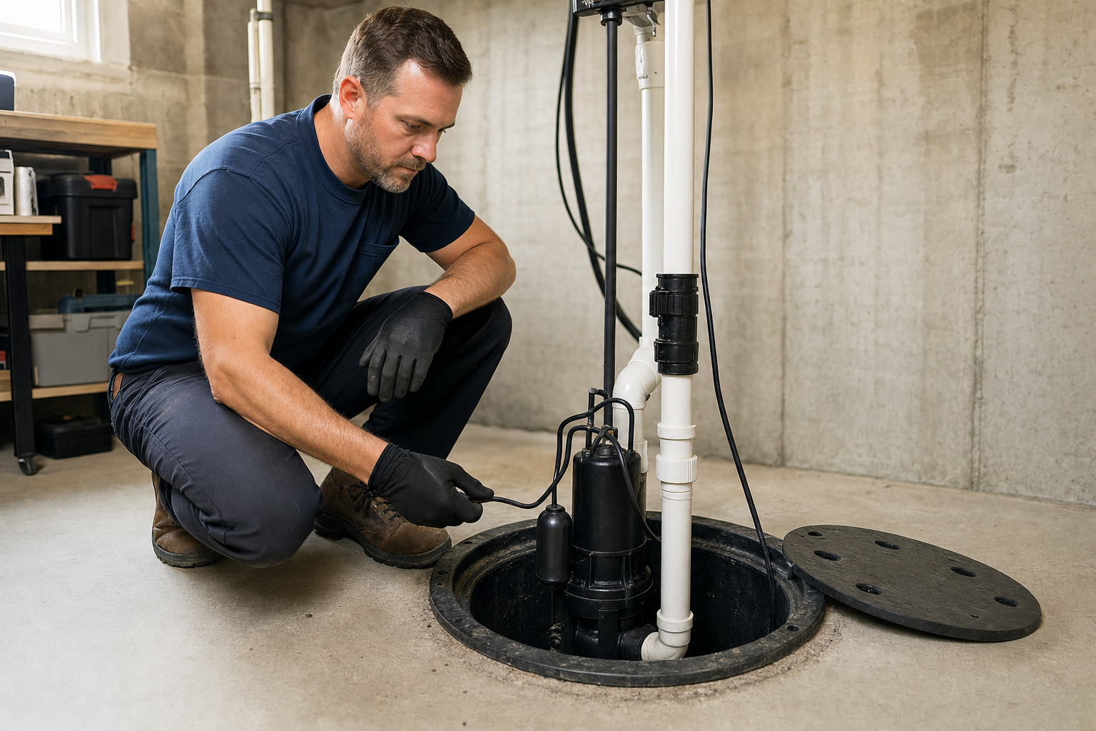Technician performing routine maintenance on a sump pump, testing the float switch and pit