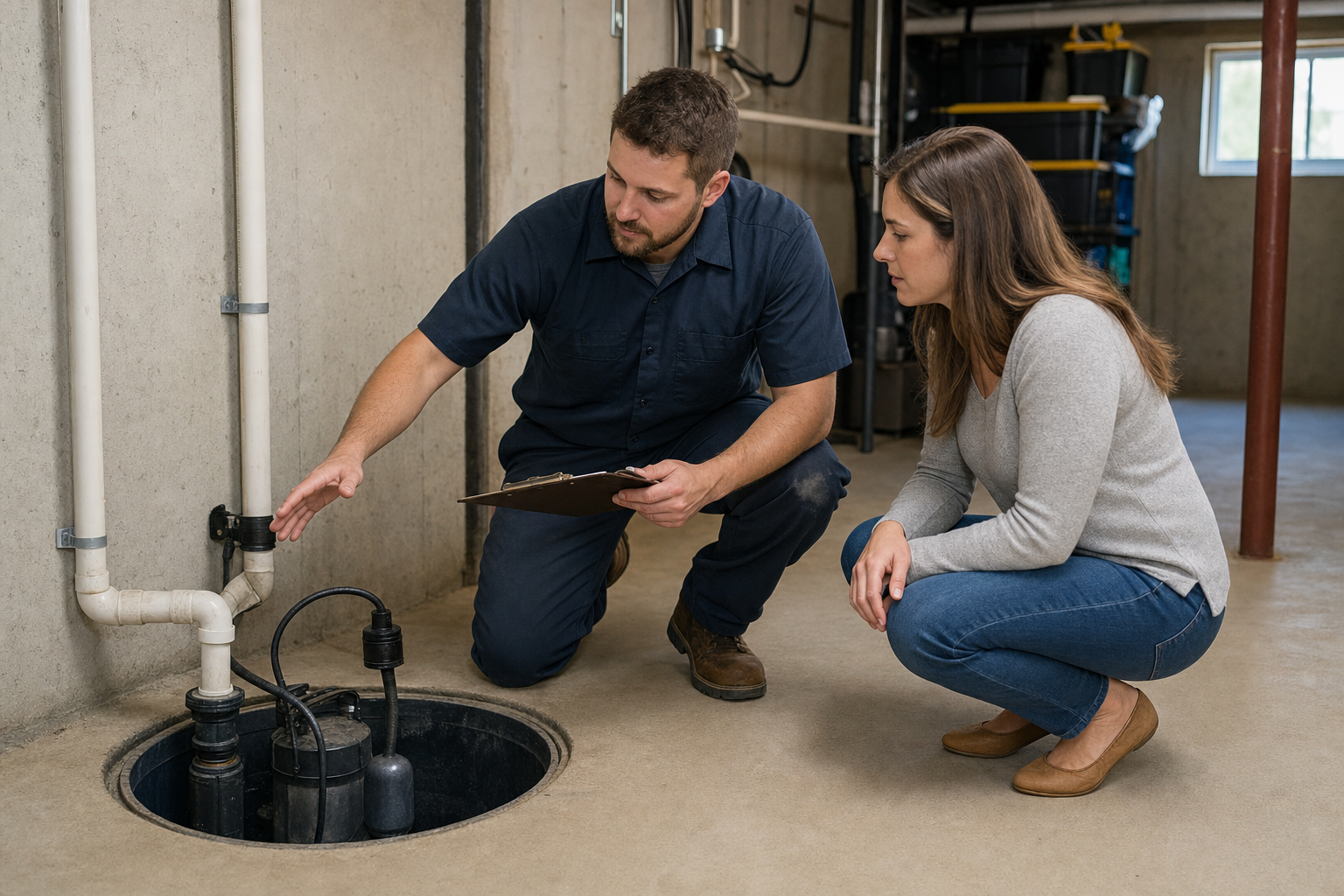 Technician inspecting a sump pump in a basement sump pit