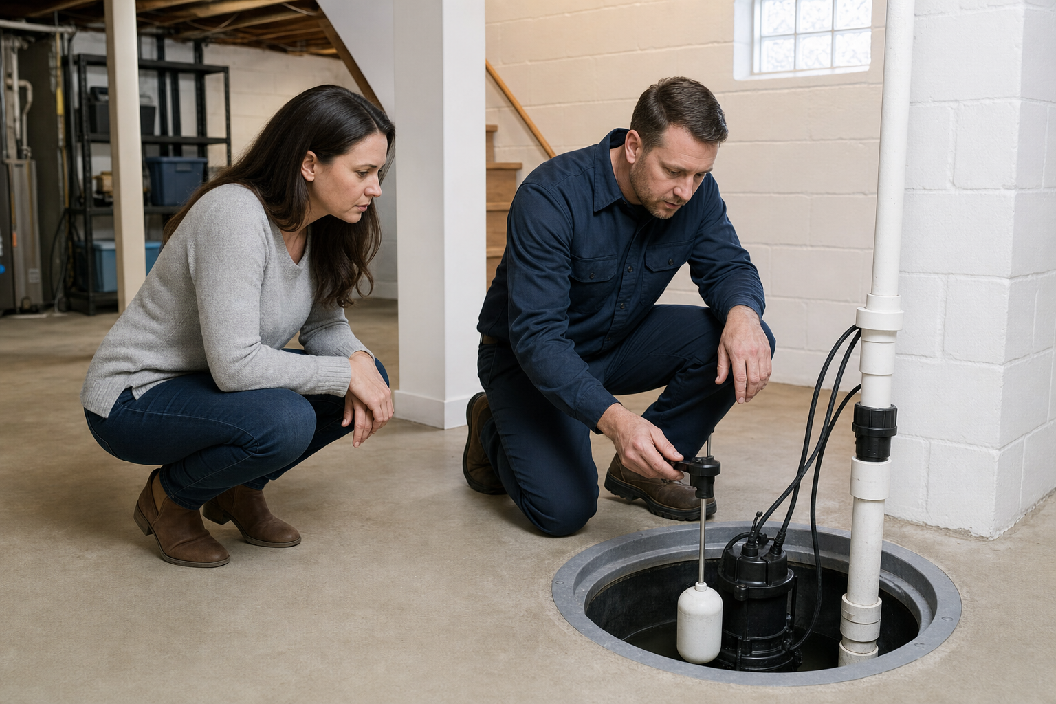 Technician inspecting a sump pump in a basement sump pit