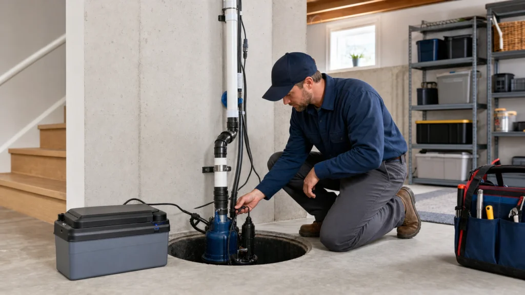 Technician servicing a sump pump system with battery backup in a basement for Ohio sump pump repair installation replacement and backup pump services