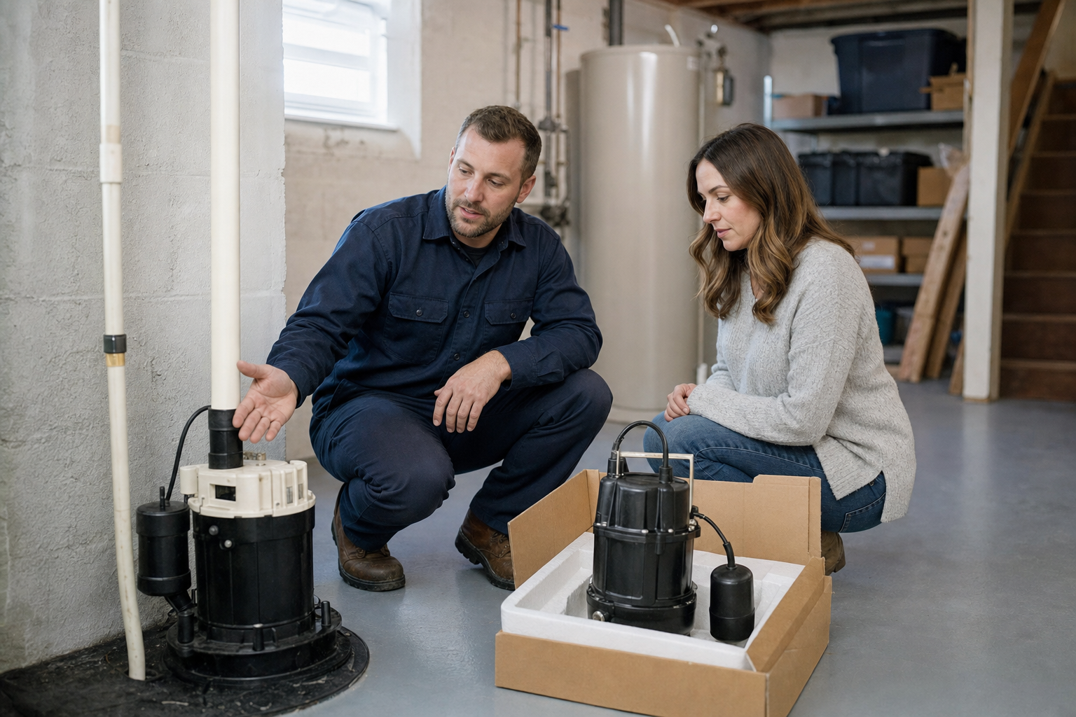 Technician swapping an old sump pump for a new unit in an existing sump pit