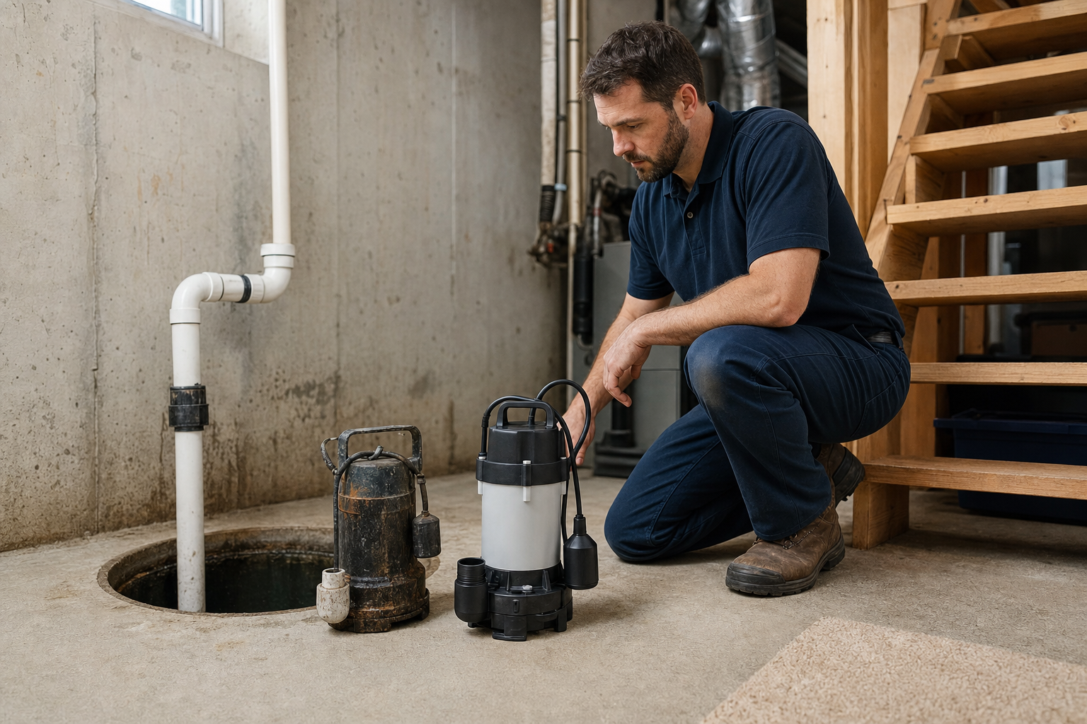 Technician swapping an old sump pump for a new unit in an existing sump pit